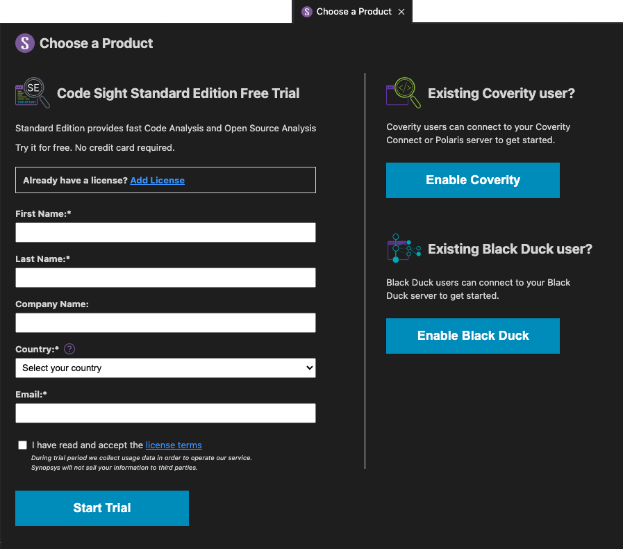 Code Sight startup in VS Code: 'Choose a Product' tab