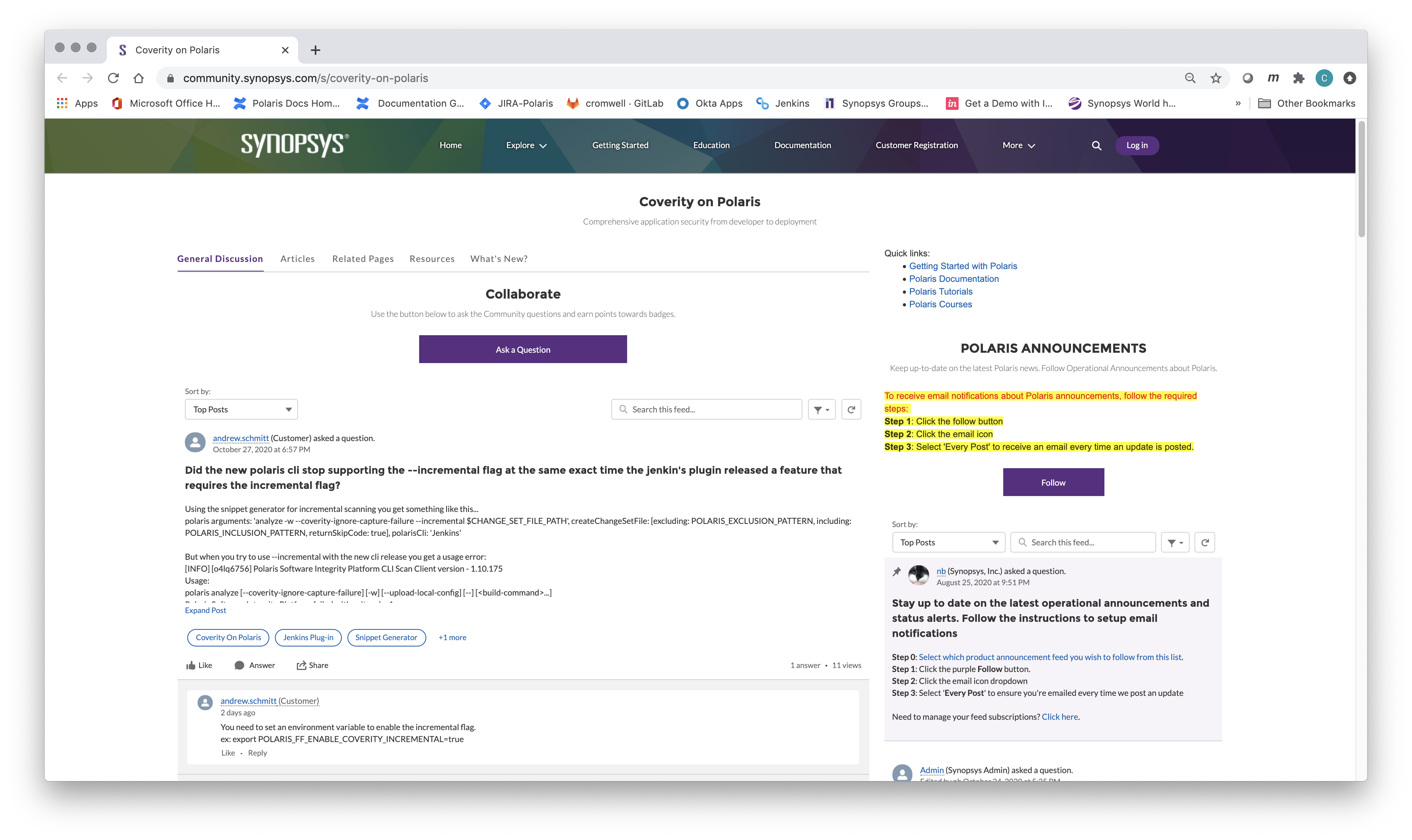 A screenshot of the Coverity on Polaris page, from Synopsys Community.